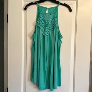 Boutique • Turquoise long tank with crochet neck detail